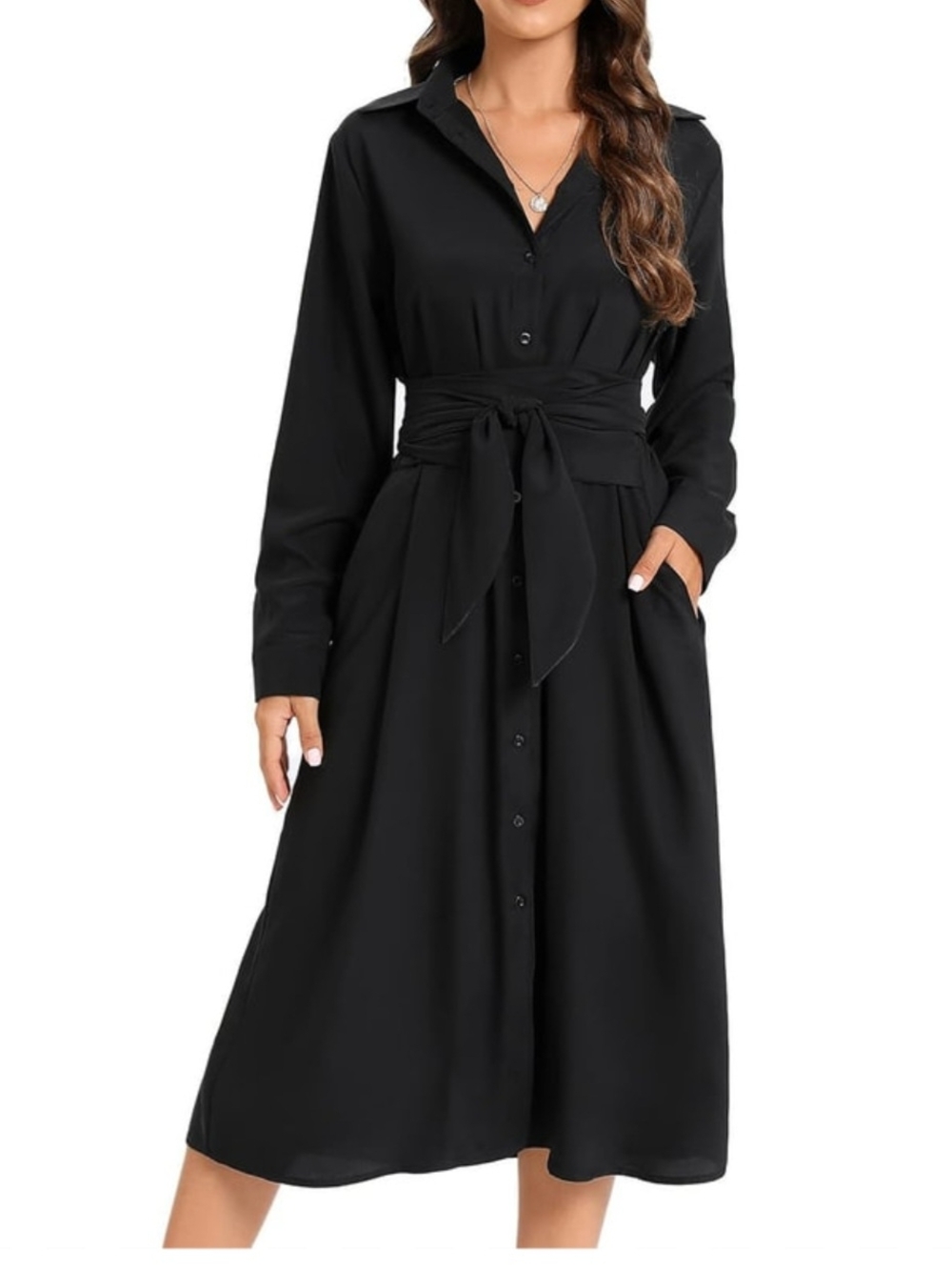 Banana Republic Black Long-Sleeve Tie-Waist Midi Dress NWT